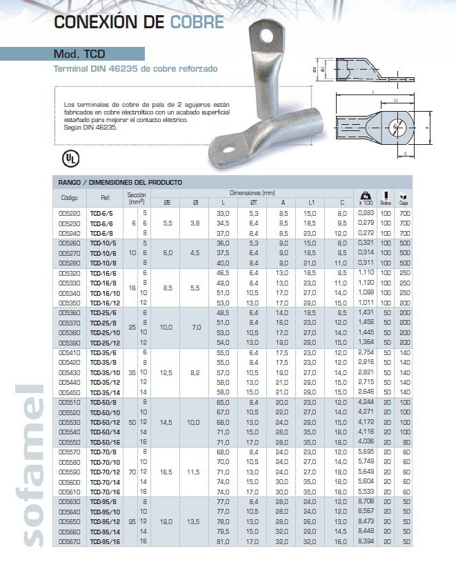 TERMINAL DE COBRE SECC 16 MM, TAL 6 MM TUBULAR MODELO T