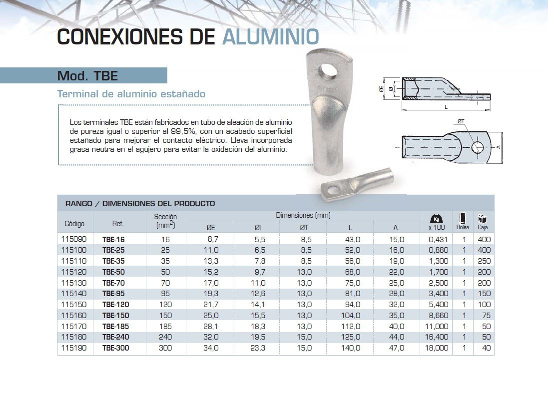 TERMINAL SECCIÓN 50MM ALUMINIO ESTANADO MODELO TBE