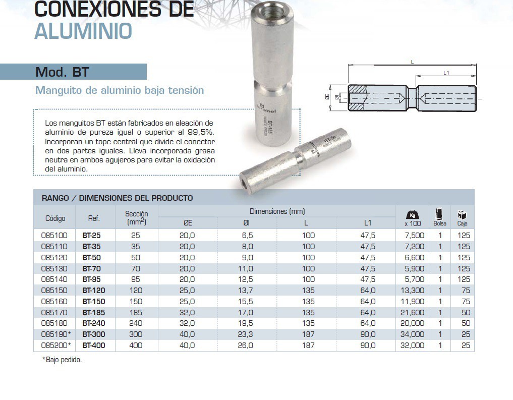 MANGUITO SECCIÓN 150MM ALUMINIO BAJA TENSION MODELO BT 