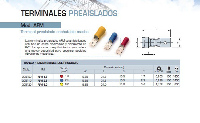 TERMINAL SECCIÓN 6 MM PREAISLADO ENCHUFABLE MACHO MODELO AFM