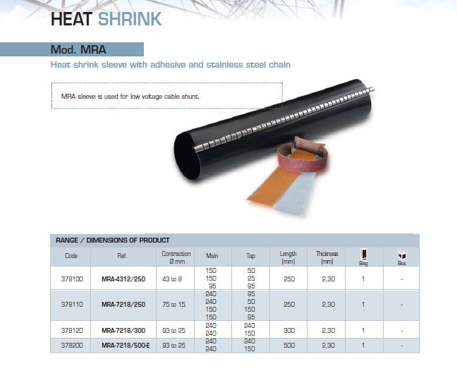 MANTA TERMORETRACTIL  DERIVACION CON ADHESIVO MOD. MRA CONTRACCIÓN DE DIÁMETRO 43 MM A 8 MM